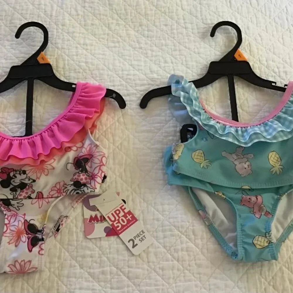 NWT Minnie‎ Mouse Pink Swimsuit Girls 2-Piece + 2-Piece Care Bears Suit 2T - New